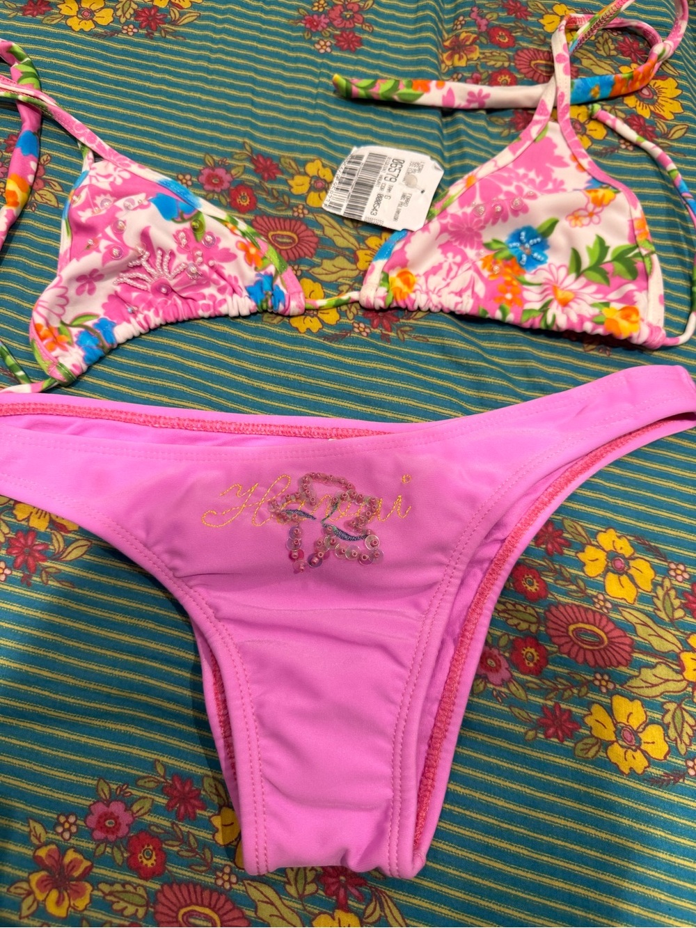 Pink Floral Triangle Bikini Top with Solid Pink Bottom